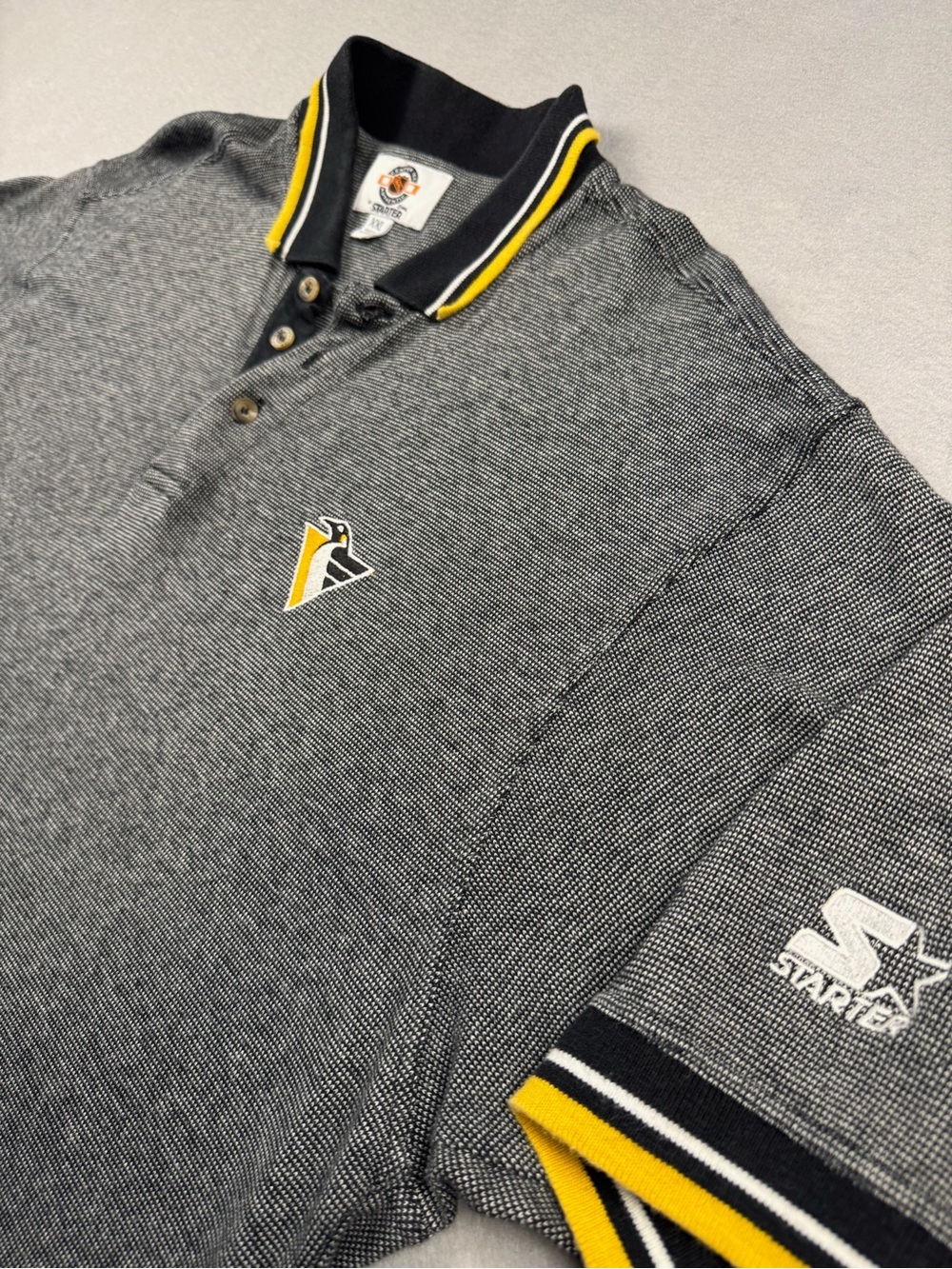 Vtg STARTER Pittsburgh Penguins Polo Shirt XXL Gray Embroidered Logo NHL Hockey